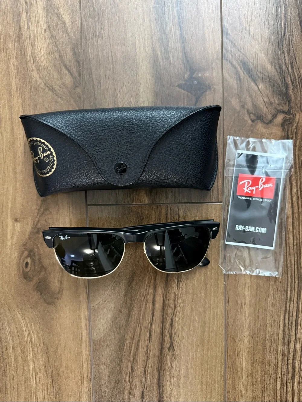Ray-Ban Black and Gold Clubmaster Style Sunglasses with Case